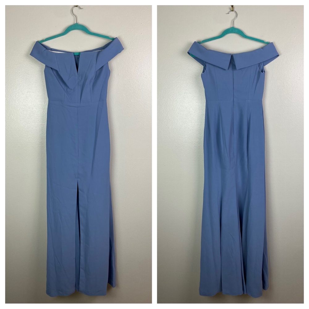 NWT Dessy Collection | Off the Shoulder Notch Trumpet Gown w/ Slit Blue 0